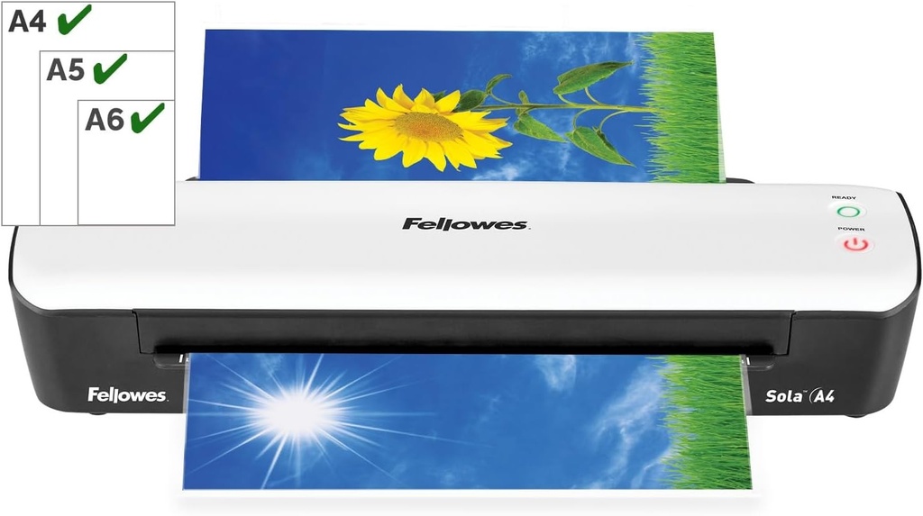 Fellowes Sola A4 - Laminator de documente, pentru utilizare ocazională, gata în 4 minute, laminator A4 cu oprire automată, 80-125 microni, alb, exclusiv Amazon