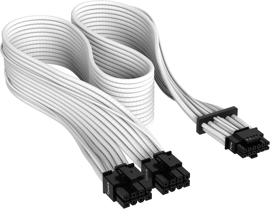 Cablu de alimentare Corsair Premium 600W PCIe 5.0 / Gen 5 12VHPWR – Compatibil cu sursele de alimentare de tip 4 prin intermediul a doi conectori PCIe cu 8 pini – Conectori cu 12+4 pini – Împletitură paracord tip plasă – Alb