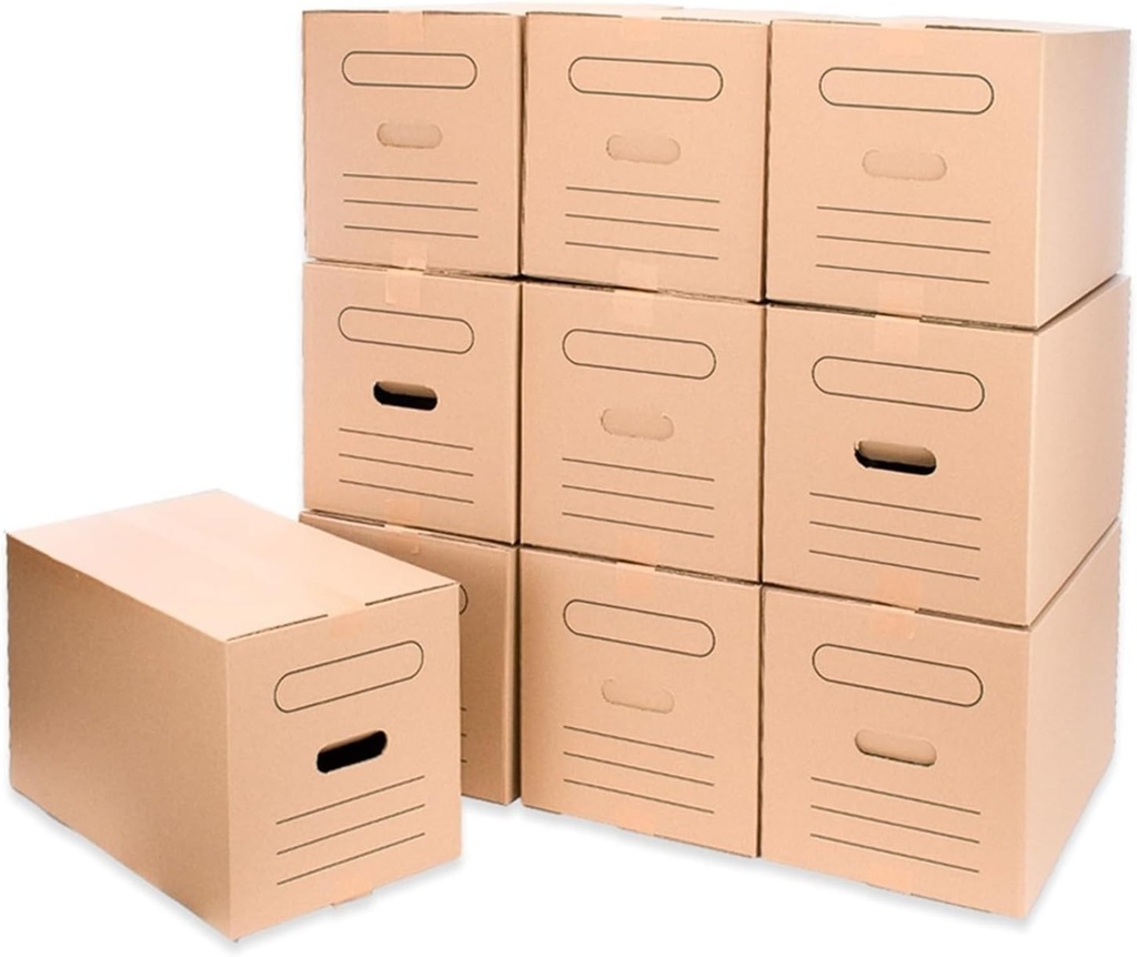 Pachet de 10 cutii de carton pentru mutare, depozitare și transport. Cutii cu mânere pentru o manipulare ușoară. Dimensiuni: 50x30x30 cm. Cutii de carton ultra-rezistente, 100% ecologice.