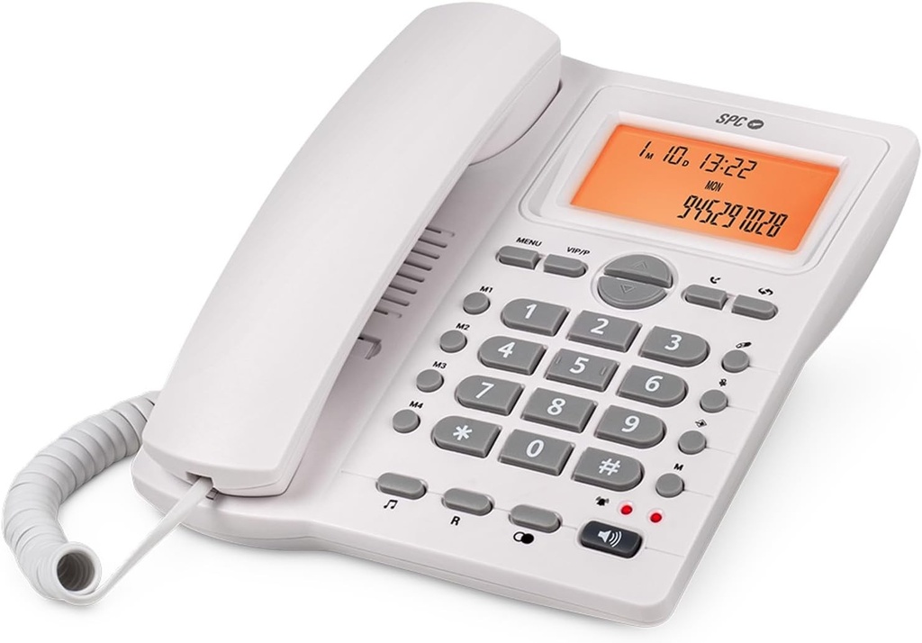SPC Office ID 2 - Telefon cu fir cu afișaj iluminat, 4 memorii directe și 10 indirecte, 2 niveluri de sonerie, ID apelant, semnal luminos, hands-free, montare pe birou sau perete - Alb
