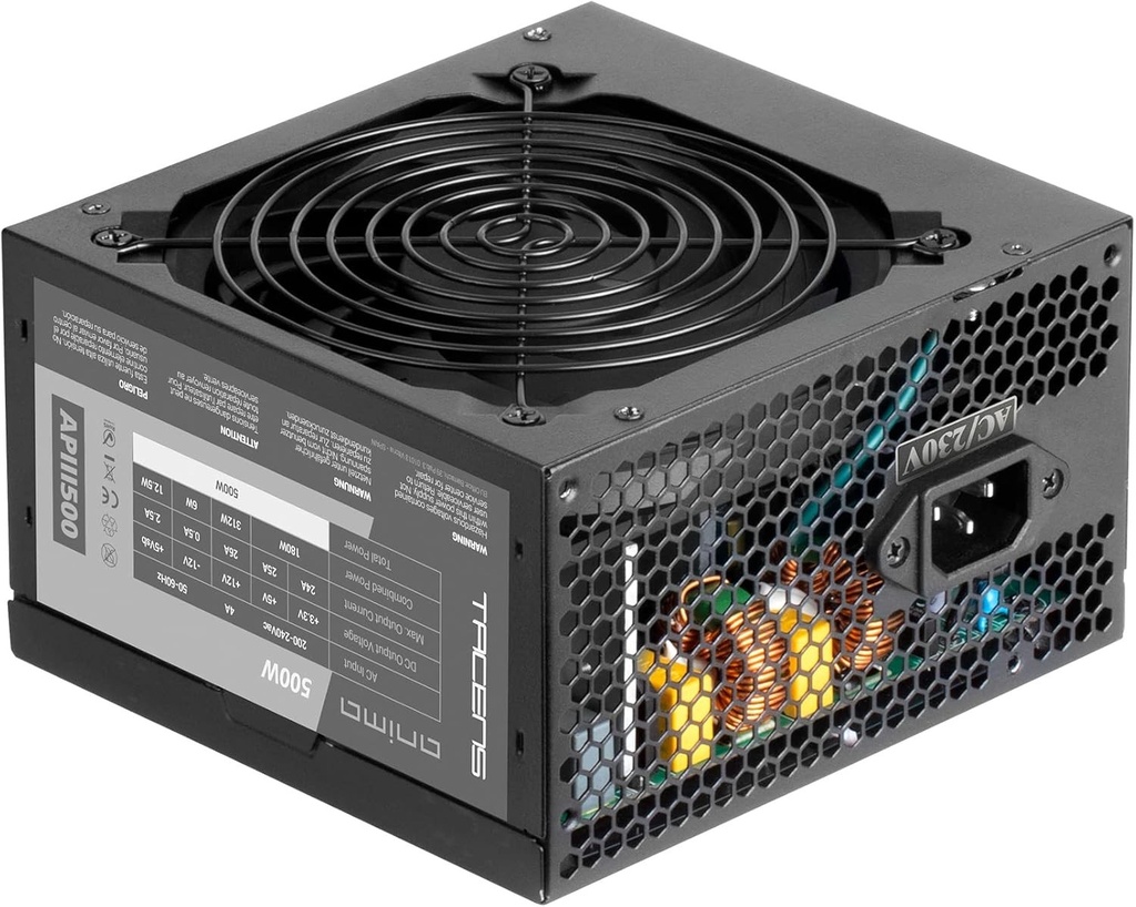 TACENS Anima APIII500, Sursă de alimentare PC ATX 500W, Tehnologie SMD 85% Bronz 12V, Ventilator ultra-silențios de 12cm, Negru