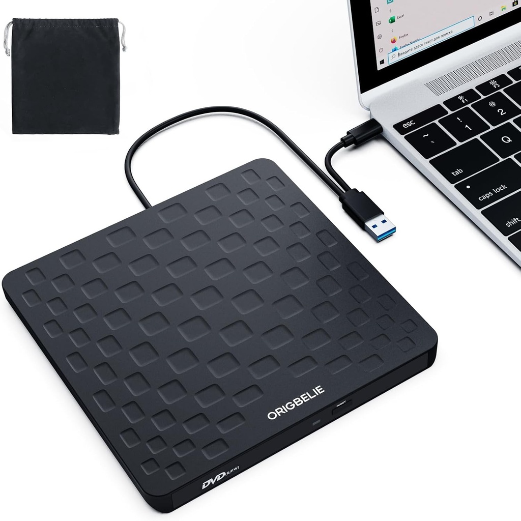 ORIGBELIE Unitate CD/DVD externă, USB 3.0 Tip C Ultra Slim 13mm CD/DVD +/-RW, Cititor CD extern Plug & Play pentru laptop, Windows 11/10/8/7, Linux și Mac OS (Negru)