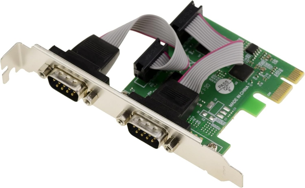 Placă controler KALEA-INFORMATIQUE PCI Express PCIe Serial RS232 cu 2 porturi și chipset ASIX cu unghiuri de profil joase și înalte.