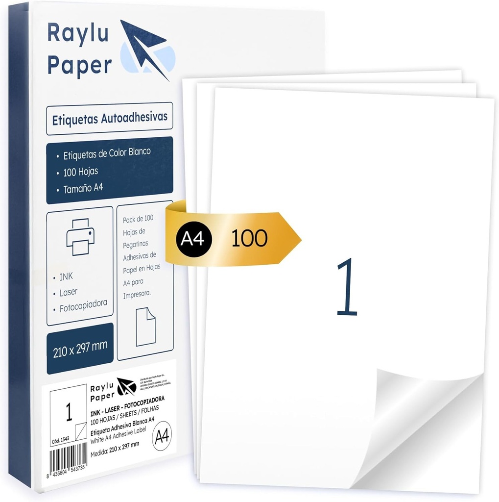Raylu Paper® - Etichete autoadezive albe A4 pentru imprimare | 100 de coli de hârtie adezivă, compatibile cu imprimante cu jet de cerneală, laser și copiatoare | 1 autocolant adeziv (210 x 297 mm)