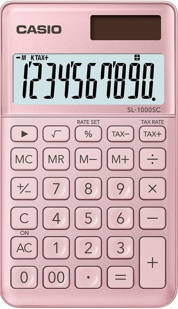 Calculator de buzunar CASIO SL-1000SC, 10 cifre, culori elegante, calcul taxe, față din aluminiu, alimentare solară/cu baterii