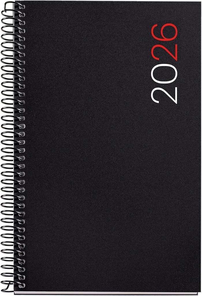 Miquelrius - Agenda 2026 zile pe pagină, similară cu A6+ (117 x 182 mm), copertă flexibilă din polipropilenă, legată cu spirală, hârtie 80 g/m², agendă zilnică, Catalan-EN-PT, neagră