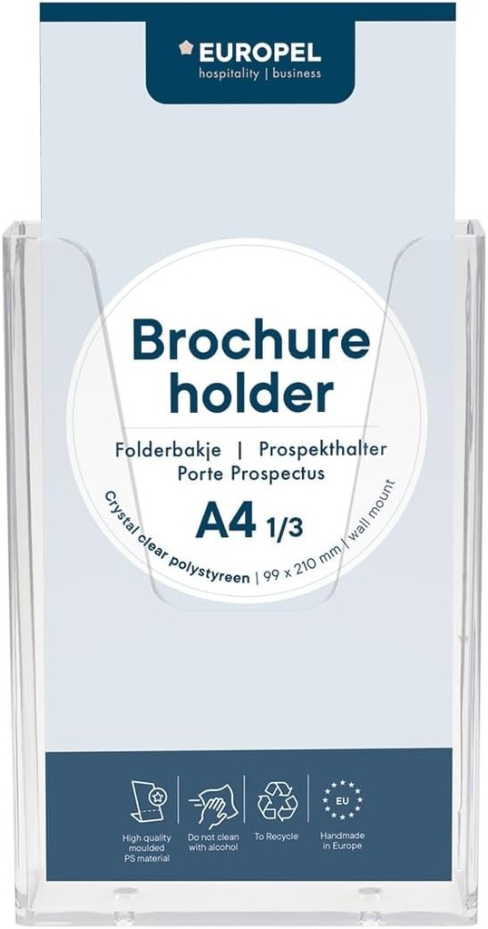 Suport broșuri Europel, montat pe perete, compartiment unic pentru format DIN 1/3 A4 vertical, acrilic transparent, suport broșuri pentru birouri, suport broșuri pentru meniuri, pliante, fluturași