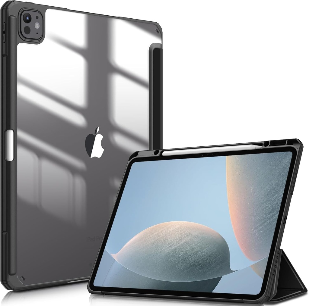Husă Fintie pentru iPad Pro 13 inch 2024 (a 7-a generație) M4 cu suport pentru creion - Husă de protecție rezistentă la șocuri cu spate rigid transparent - Neagră