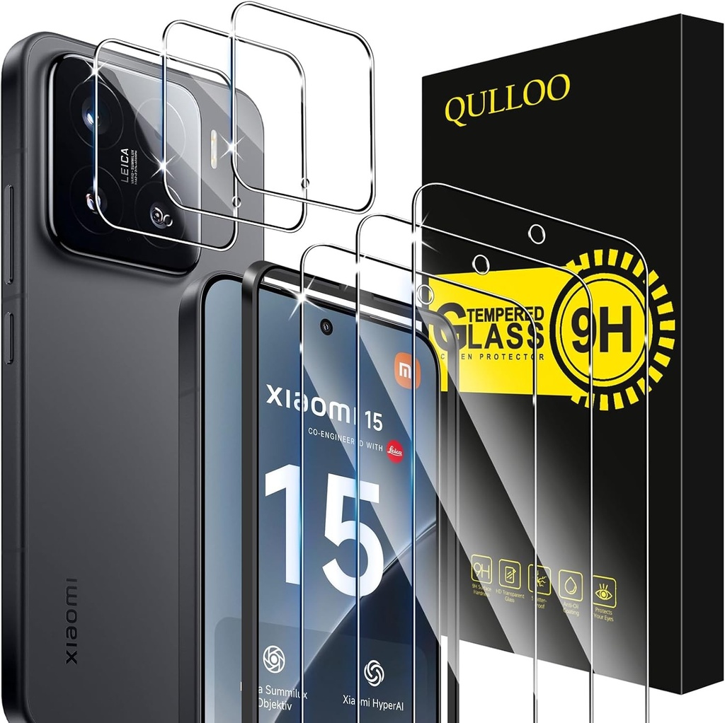 QULLOO Folie de protecție ecran pentru Xiaomi Mi 15 5G, 3 bucăți de sticlă securizată și 3 bucăți de protecție pentru lentila camerei, sticlă securizată cu duritate 9H ultra rezistentă