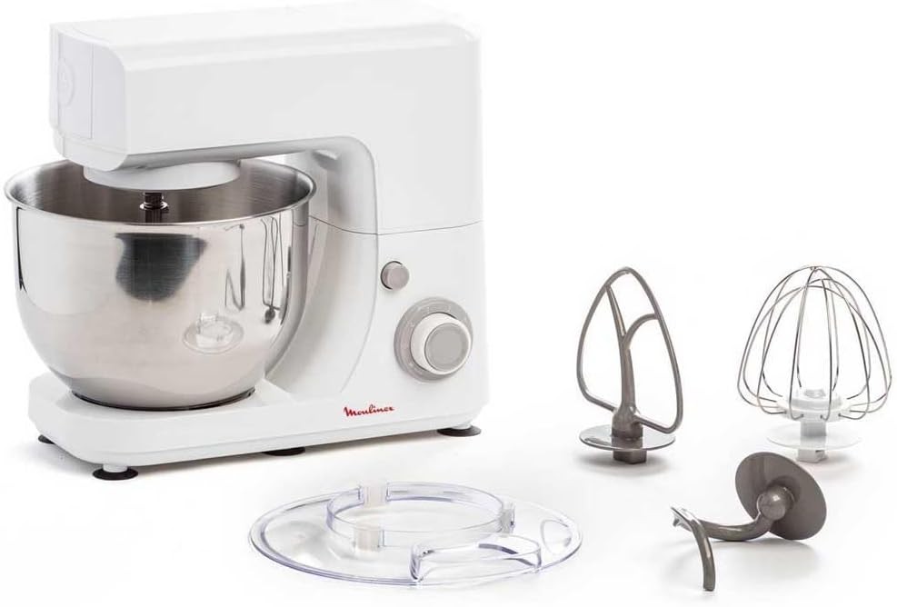 Robot de bucătărie Moulinex Essential, multifuncțional, 800 W, 6 setări de viteză, bol din oțel inoxidabil, 4,8 L, set de copt, design compact, culoare fildeș