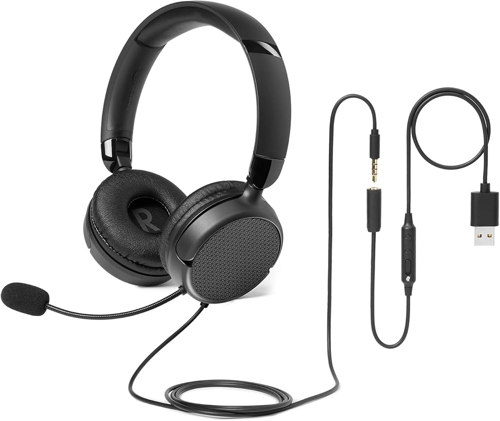 Căști cu Fir Amazon Basics pentru Calculator, cu Microfon, Pliabile, Negru