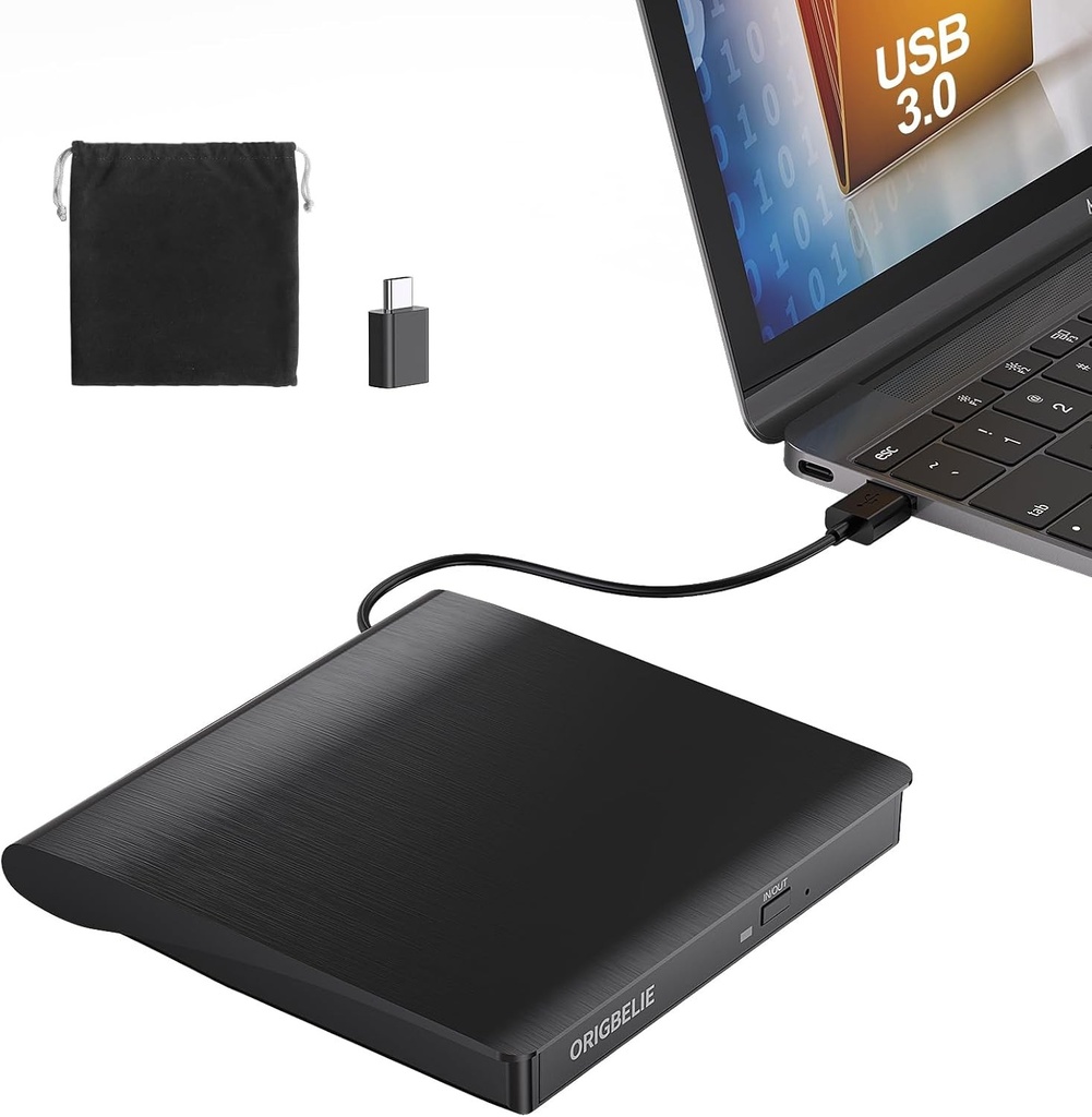 Recorder Extern CD/DVD ORIGBELIE USB 3.0, Portabil, Ultra Subțire, pentru Laptop/PC Windows/Mac
