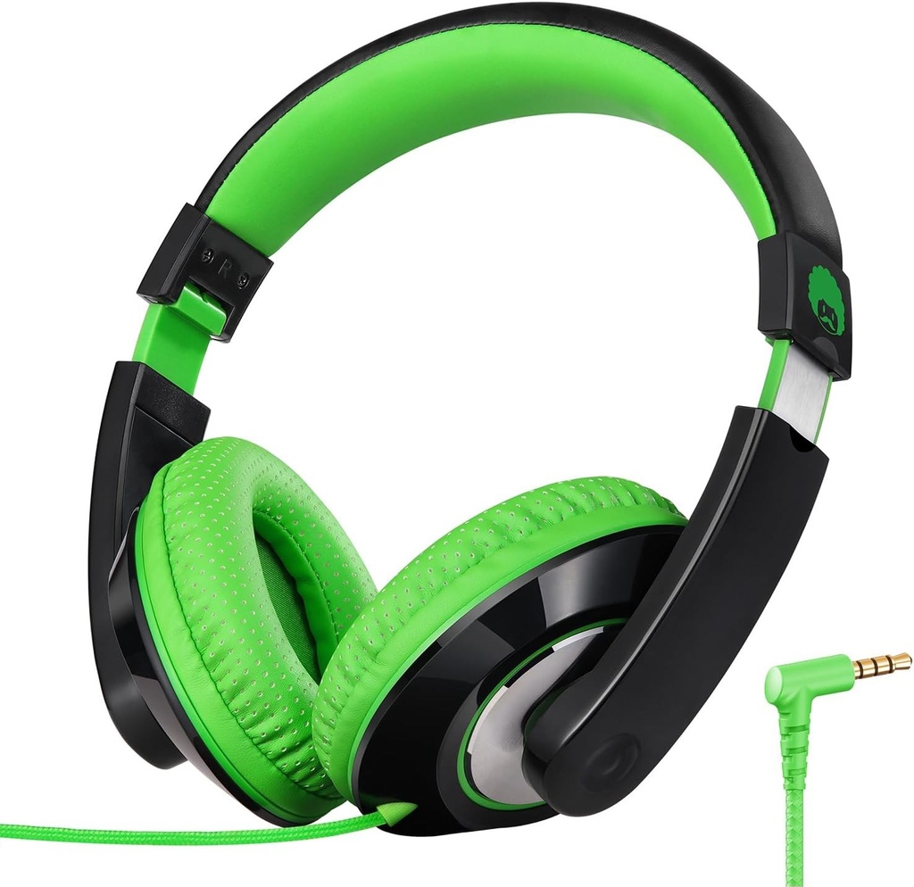 Căști Copii RockPapa cu Fir, Pliabile, Ajustabile, Jack 3.5mm, Sunet Stereo, Over-Ear, Negru/Verde