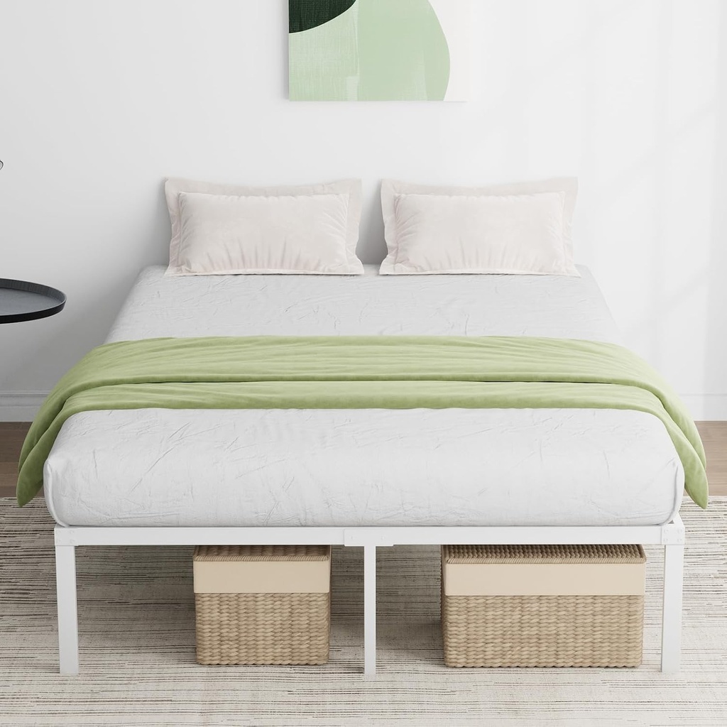 Cadru de pat metalic Novilla 30,5 cm, cadru de pat cu platformă, suport cu lamele din oțel, somieră, asamblare ușoară, design silențios, spațiu de depozitare sub pat 140x190 cm, alb