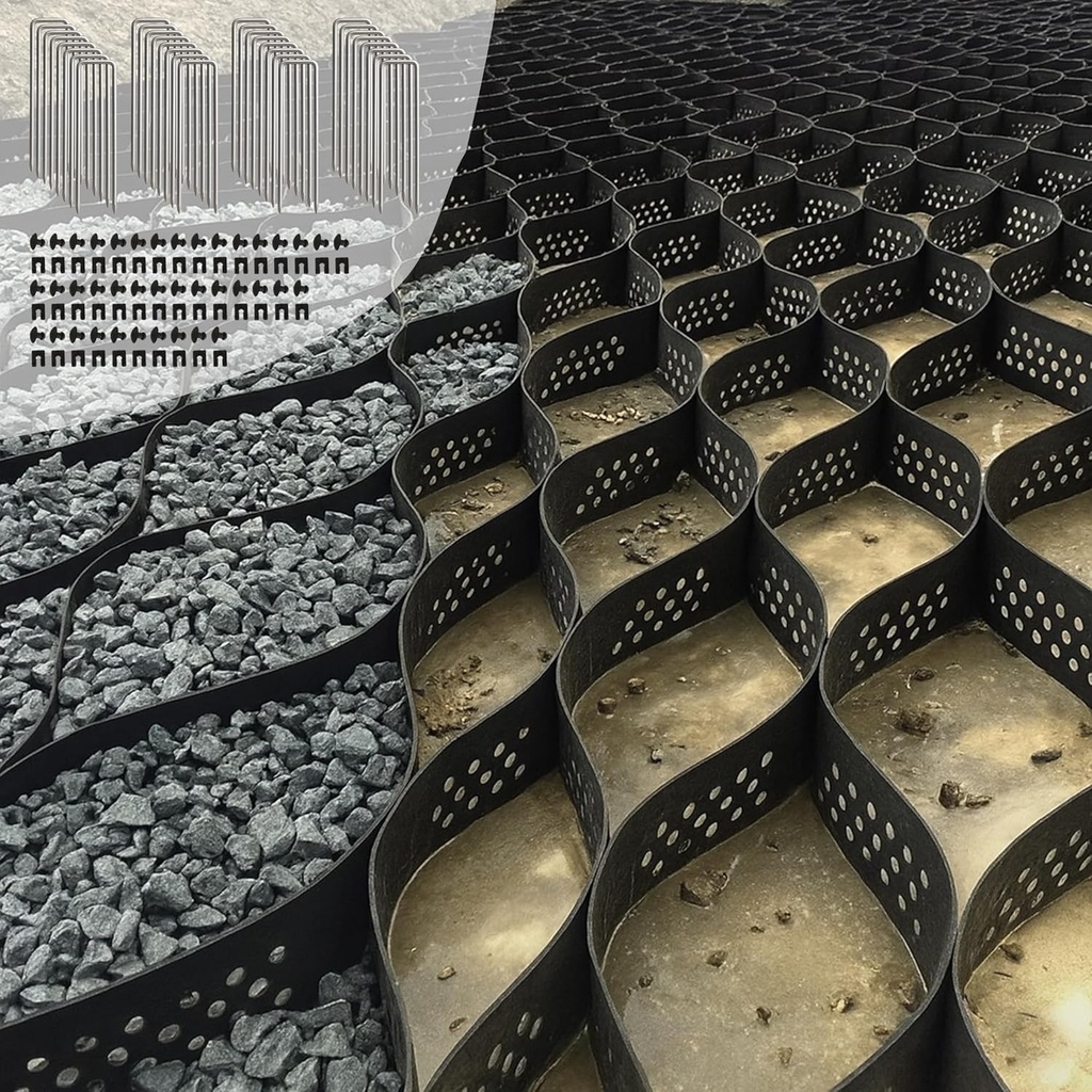Grilă de pietriș de 12 m pentru alee – Stabilizator de sol HDPE Geocell, sarcină de 890 kg/m² pentru parcare, curți în pantă și alei – Instalare DIY cu 32 de țăruși și 40 de elemente de fixare, necesită pregătirea corespunzătoare a bazei