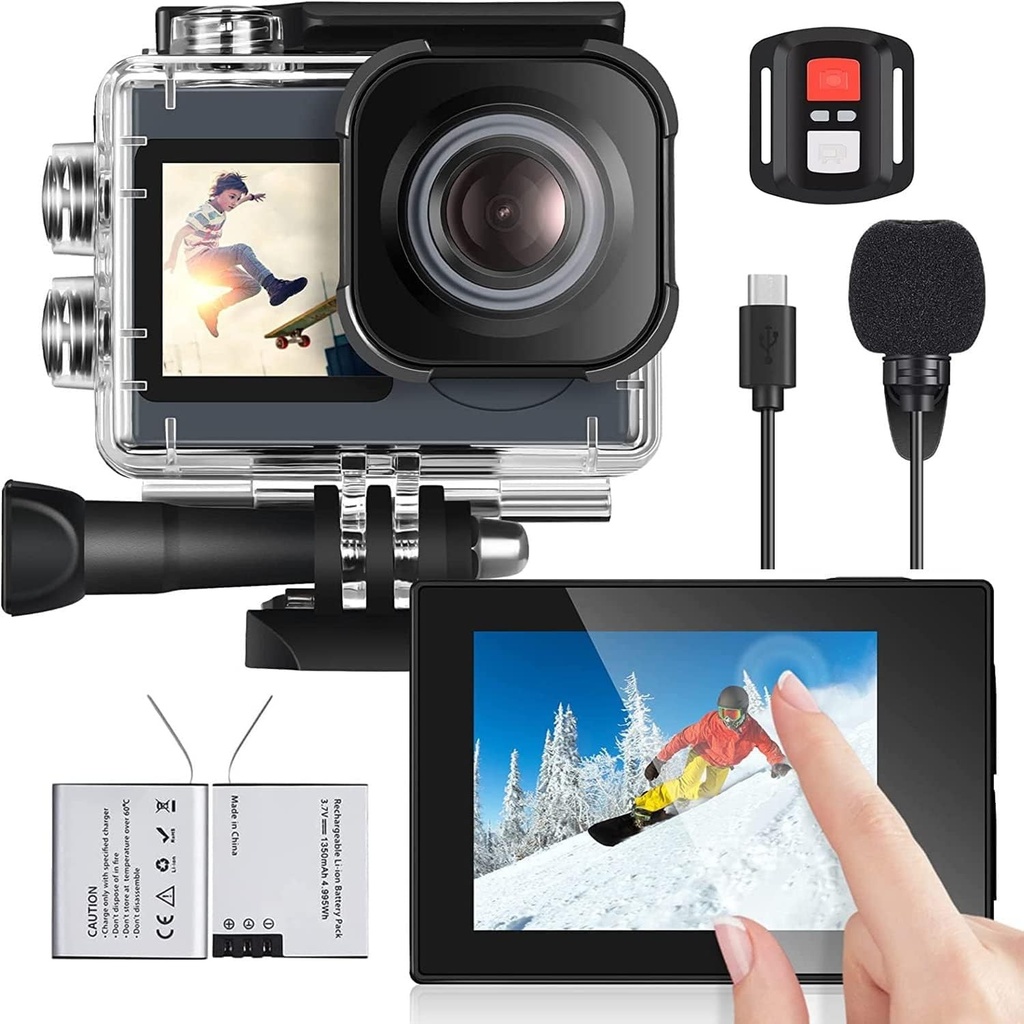 Cameră de acțiune Icefox 4K cu ecran tactil, cameră impermeabilă la 40 m, EIS cu unghi larg de 170°, cameră sport cu telecomandă și microfon, gri închis