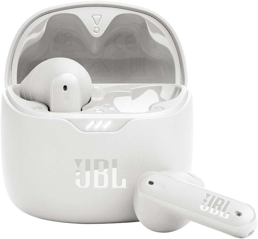 JBL Tune Flex TWS, Căști intraauriculare wireless cu anulare activă a zgomotului, bas puternic, rezistență la apă IPX4, autonomie baterie 8 până la 24 de ore, carcasă de încărcare, alb