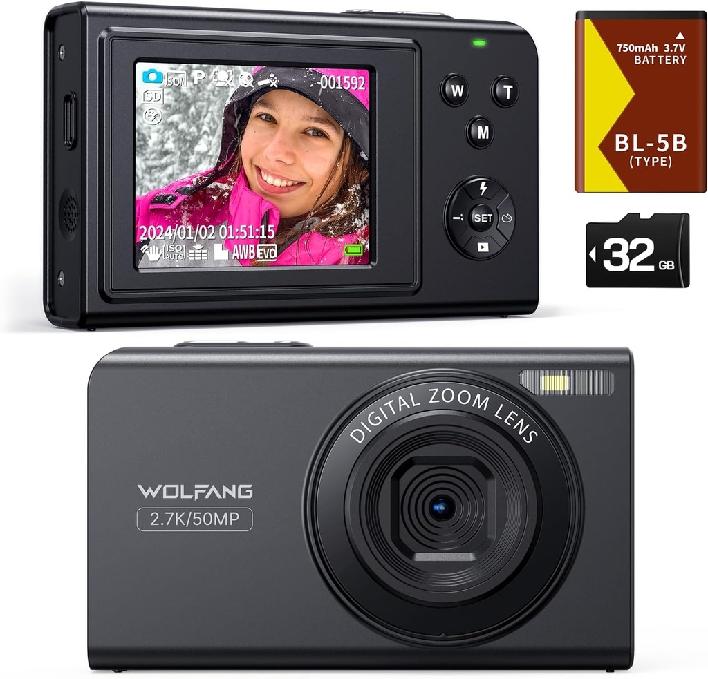 Aparat foto digital WOLFANG, cameră foto pentru copii 2.7K pentru fotografie, cameră compactă pentru vlogging de 50MP, cameră video digitală cu zoom 16X, focalizare automată și fotografiere, cadou