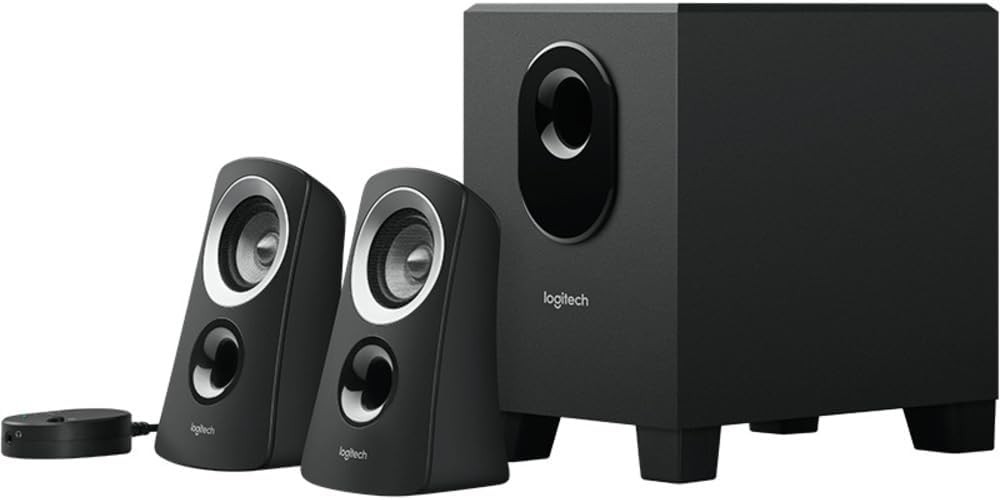 Sistem de boxe Logitech Z313 2.1 cu subwoofer, sunet complet, vârf de 50 W, bas puternic, telecomandă, priză UE, PC/PS4/Xbox/TV/smartphone/tabletă, negru, 50 W, intrare audio de 3,5 mm