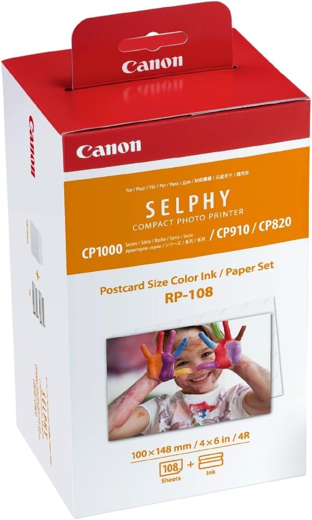 Pachet multiplu de cerneală și hârtie Canon SELPHY RP-108 – Cartușe de cerneală originale pentru imprimantă foto Canon, 108 coli de hârtie foto (100 x 148 mm)