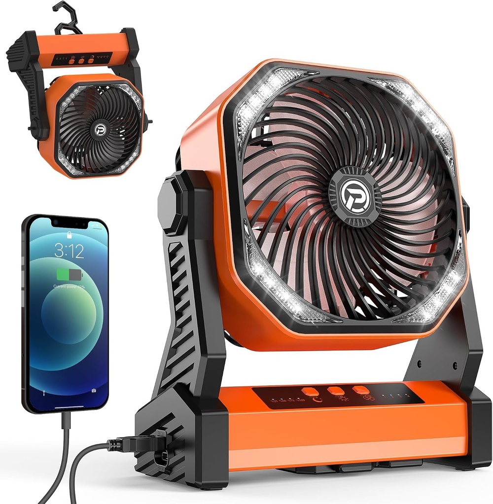 Ventilator de camping cu felinar LED, ventilator exterior de 20000mAh, cu lumină și cârlig, pivotant la 270°, 4 viteze, ventilator de masă personal pentru camping, pescuit, întreruperi de curent, uragan