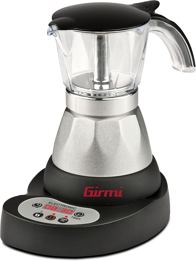 Girmi MC23, aparat Moka electric programabil pentru cafea măcinată, 1 până la 3 cești, 400W, afișaj LED, temporizator, menținere la cald, rotație 360°, negru/argintiu