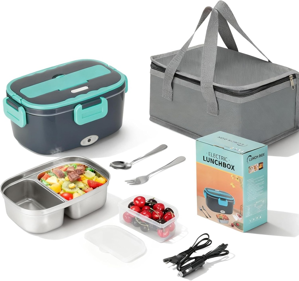 Încălzitor electric portabil de alimente VINATO 1,5 L, cutie de prânz electrică de 60 W, cutie de prânz electrică, cutie de prânz electrică pentru mașină/birou, cu furculiță/lingură și geantă frigorifică