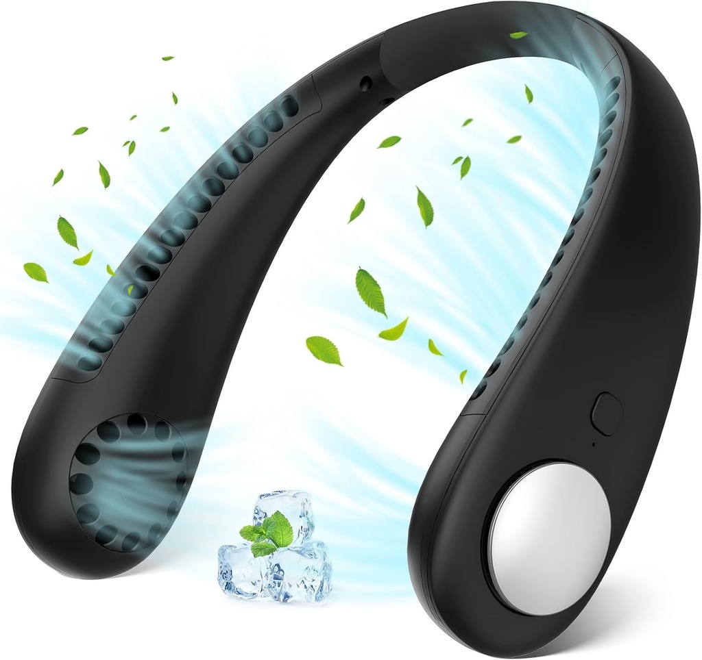 Ventilator de gât portabil, mini ventilator de gât fără lamă USB cu flux de aer la 360°, ventilator reîncărcabil cu 3 viteze, portabil, hands-free, pentru birou, bucătărie, călătorii, sport, negru
