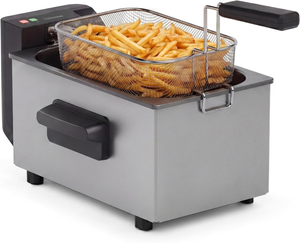 Friteuză Tristar din oțel inoxidabil, capacitate 3L, temperatură reglabilă până la 190°C, zonă rece, componente lavabile în mașina de spălat vase, corp rece la atingere, FR-9326