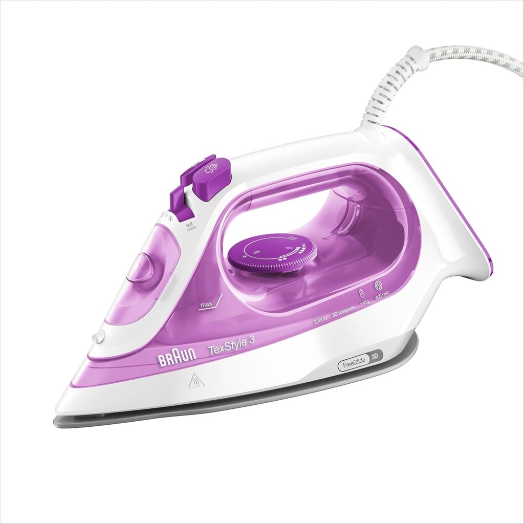 Fier de călcat cu abur Braun TexStyle3 SI3030PU, talpă ceramică, călcare verticală, vârf de precizie, debit de abur de 140 g/min, putere de 2300 W, roz deschis