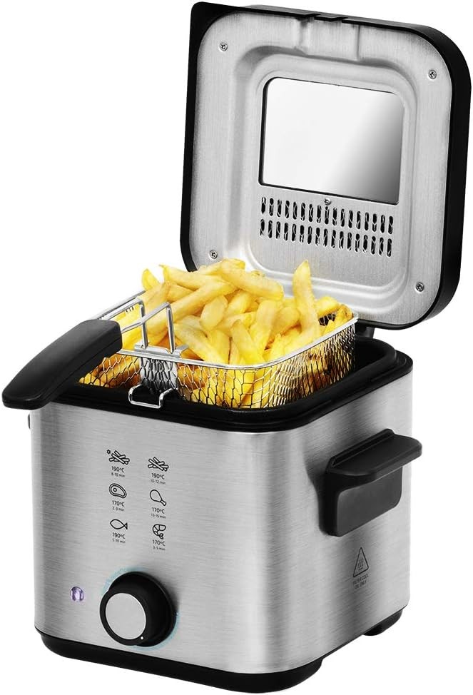 Friteuză electrică Cecotec CleanFry Infinity 1500. Friteuză cu ulei cu o capacitate de 1,5 litri, putere de 900 W, filtru de ulei, găleată antiaderentă, capac cu filtru și fereastră de inspecție.