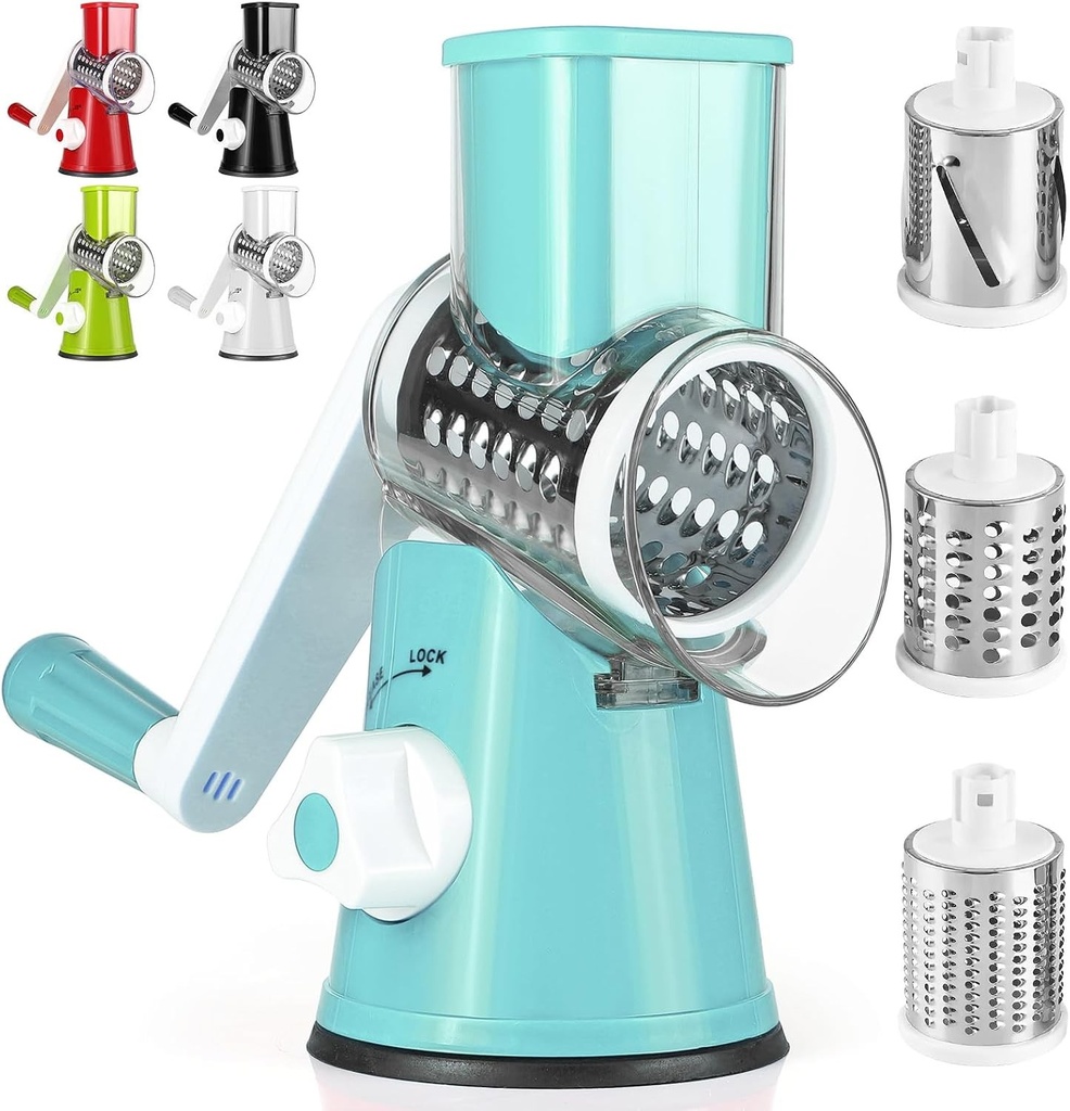 Tocător manual de legume Dreamhigh®, mandolină pentru legume cu 3 lame cilindrice din oțel inoxidabil, aspirație puternică, răzătoare de legume, pentru legume de bucătărie, cartofi, morcovi, salate, tocator