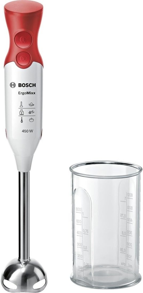 Bosch, blender de mână, ErgoMixx, MSM64110, motor de 450 wați, două setări de viteză, tocător, tel și pahar de amestecat, alb/roșu