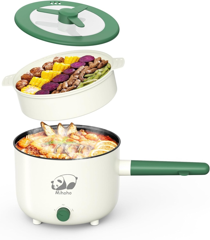 Oală electrică pentru gătit la abur, tigaie portabilă antiaderentă cu control dual al puterii, aparat electric de gătit Shabu Shabu pentru tăiței, fulgi de ovăz, paste, ramen, 1,5 l (verde S)