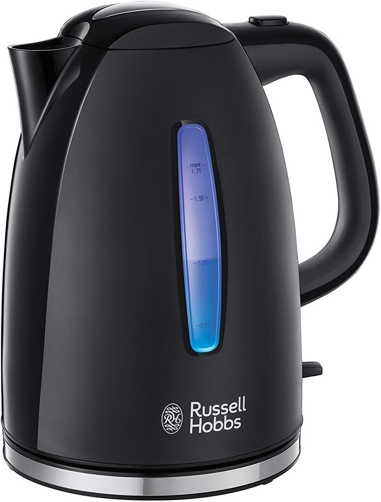 Fierbător electric Russell Hobbs Texture Plus, 1,7 L, 2400 W, economie de energie, oprire automată, lumină albastră, design negru – 22591-70