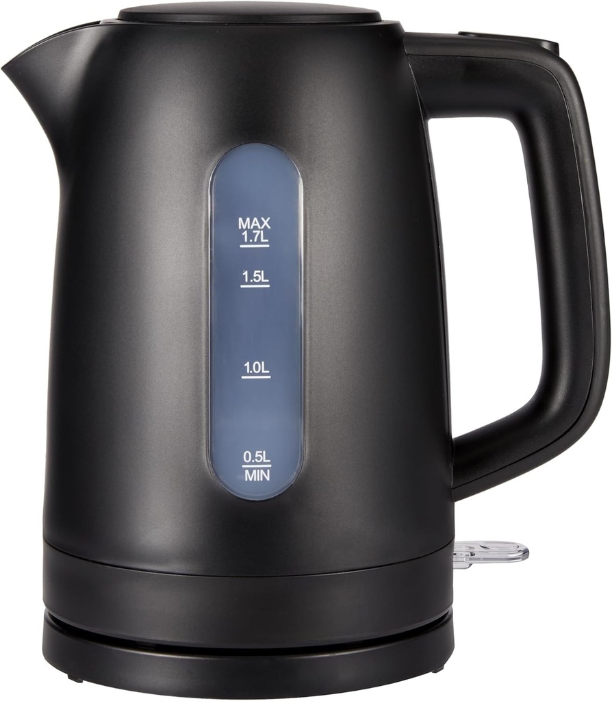 Fierbător electric Amazon Basics 1,7 l, 2200 W, fără BPA, cu bază la 360°, oprire automată și filtru anticalcar detașabil, negru mat