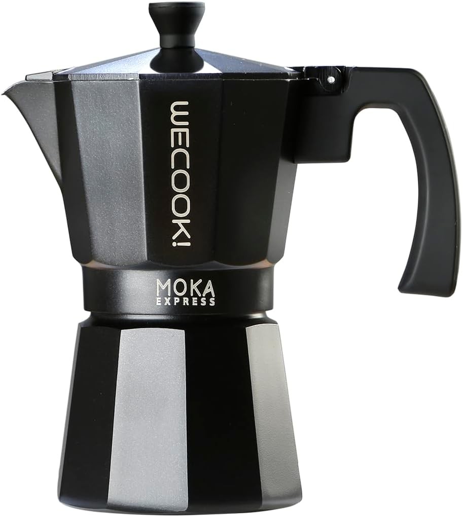 WECOOK! Oală Moka frumoasă din aluminiu negru, 1 cană (50 ml), garnitură de silicon și supapă de siguranță, potrivită pentru gaz, electrică și vitroceramică – Nu este potrivită pentru inducție