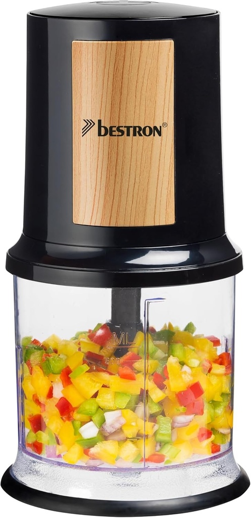 Tocător electric Bestron, Mașină de tocat electrică cu două lame de tăiere și capacitate de 500 ml, Buton puls mare, 400 wați, AKC200BW, Culoare: Negru/Lemn