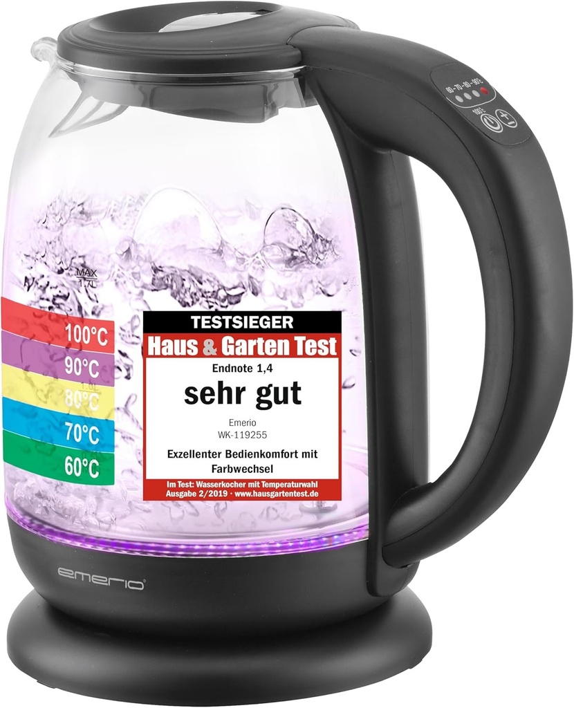 Fierbător EMERIO | CÂȘTIGĂTOR AL TESTULUI Test Haus & Garten 02/2019 | Fabricat din sticlă borosilicată de înaltă calitate | Cu selectare a temperaturii (60-70-80-90-100°C) | Oprire automată, protecție la fierbere fără apă și funcție de menținere la cald | 2200W | WK-119255.5