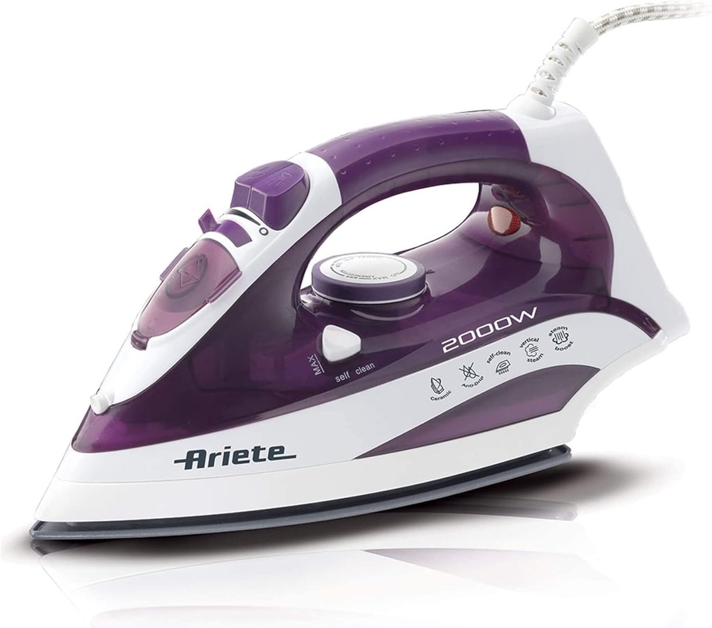 Fier de călcat cu abur Ariete 6235, 2000W, Rezervor de 300ml, Funcție de autocurățare, Alb/Mov