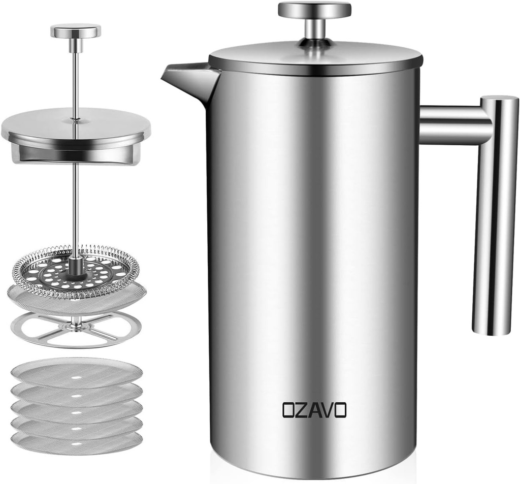 Cafetieră cu piston OZAVO, cafetieră cu presă franceză din oțel inoxidabil, capacitate 1L pentru 8 cești, cu 5 filtre de schimb