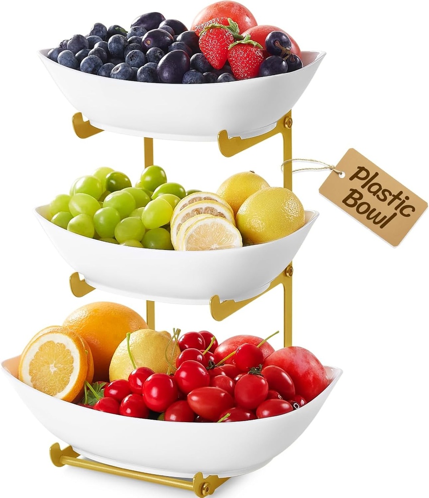 Coș de fructe din plastic cu 3 niveluri Lifewit, bol pentru fructe pentru blat de bucătărie cu suport metalic auriu, tavă de servire pentru mâncare, legume, prăjituri și deserturi pentru petreceri.