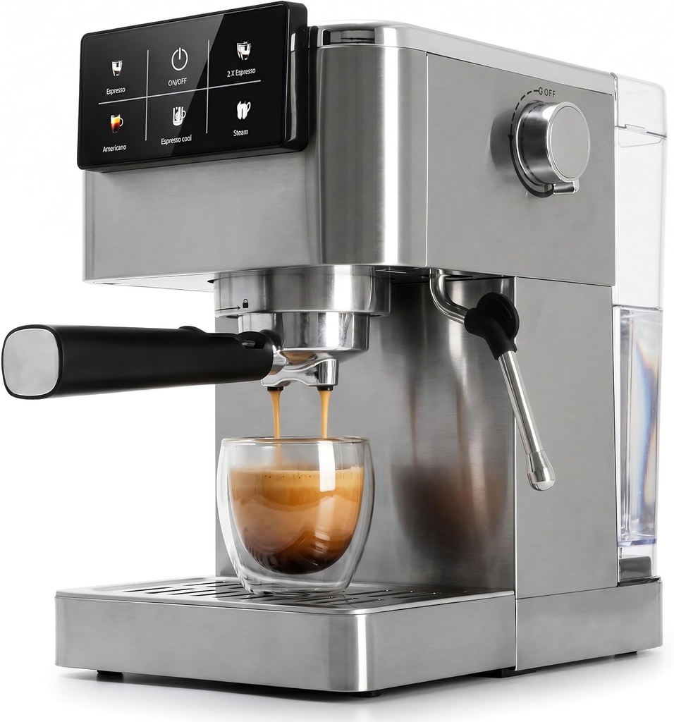 Espressor AD 4390 cu cafea pudră și capsule, espressor cu cafea măcinată la 20 de bari, sistem de încălzire rapidă de 20 de secunde și control PID, funcție Espresso Cool, oțel inoxidabil, spumator de lapte integrat