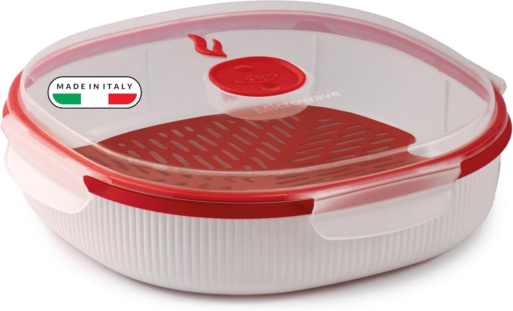 Snips - Aparat de gătit cu abur pentru microunde, alb, 2L, bol pentru microunde cu coș detașabil și supapă de abur, potrivit pentru mașina de spălat vase, gătit rapid, 24,5x24,5x7 cm, fabricat în Italia