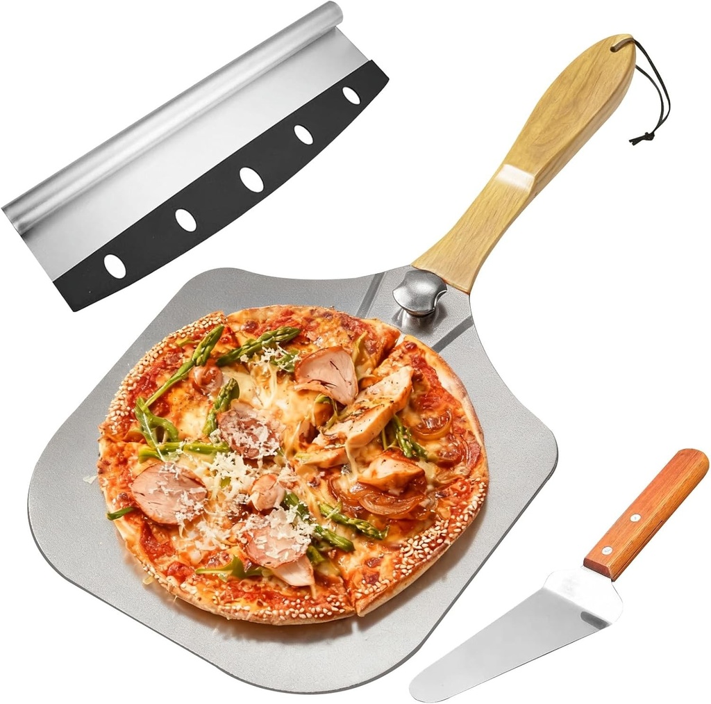 Mokaskaidj 3 bucăți platformă de pizza profesională, tăietor de pizza din oțel premium, platformă de pizza scurtă cu mâner pliabil din lemn, tăietor de pizza din oțel inoxidabil, economisire de spațiu, depozitare convenabilă, fabricată din aluminiu