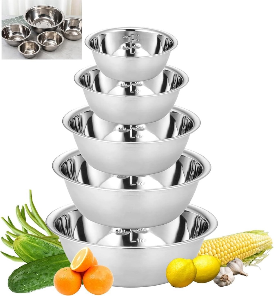 Set de 5 boluri din oțel inoxidabil Yitobici, boluri pentru salată cu cântar, boluri pentru amestecat și boluri de servire stivuibile, boluri pentru amestecat din oțel inoxidabil cu cântar