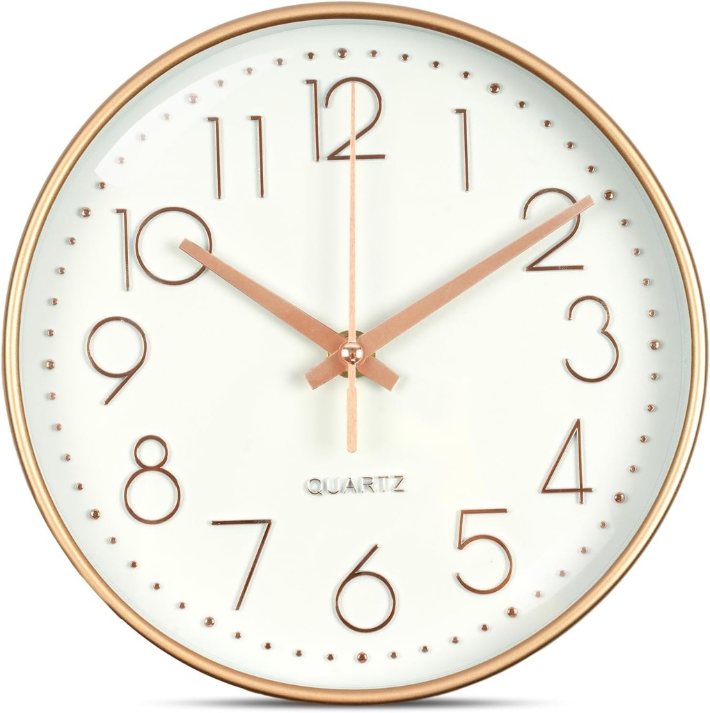 Ceas de perete modern silențios Aolso 20 cm (8 inch), ceas de perete circular cu cuarț ușor de citit, mecanism cu cuarț pentru dormitor, living, bucătărie, birou - alb + auriu roz