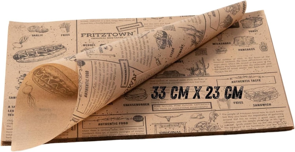 Hârtie FRITZTOWN Deli 33×23 cm 100 coli | Hârtie de împachetat necretată și hârtie pentru burgeri | Hârtie alimentară rezistentă la grăsime pentru burgeri, cartofi prăjiți, sandvișuri, grătar și mâncare stradală
