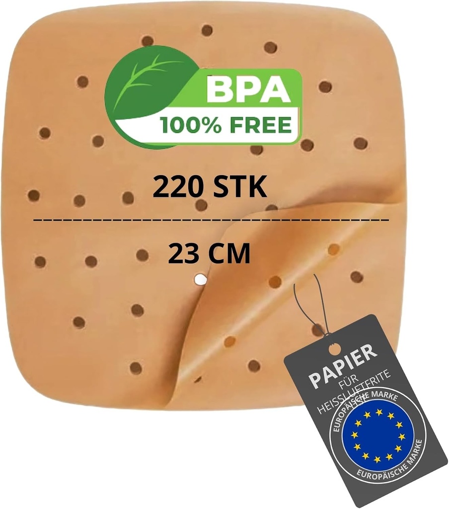 200/220 bucăți de hârtie pergament fără BPA pentru friteuză cu aer, 20-24 cm | Hârtie de copt pătrată (20-24 cm) și 100 bucăți de hârtie plată (20 cm) pentru accesorii pentru friteuză cu aer.