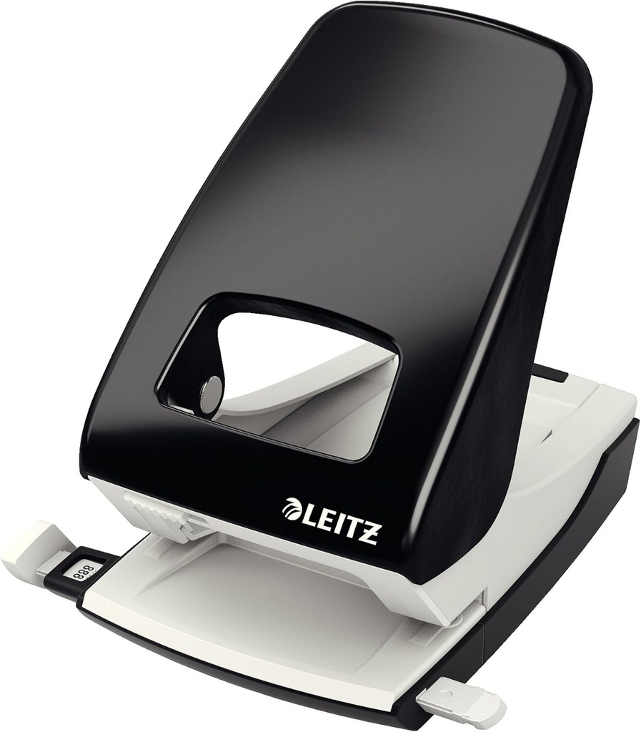 Perforator de birou Leitz, metal, rezistent, pentru 40 de foi, sina de ghidare cu marcaje de format, design ergonomic, negru, 51380095 